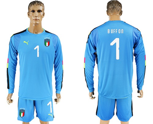 Italy #1 Buffon Blue Long Sleeves Goalkeeper Soccer Country Jersey